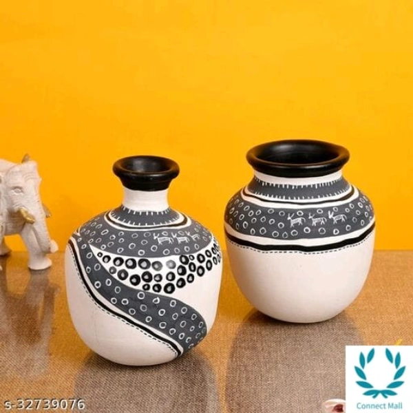 Vase Earthen White Warli (Set of 2) Handicraft like Madhubani and Warli.